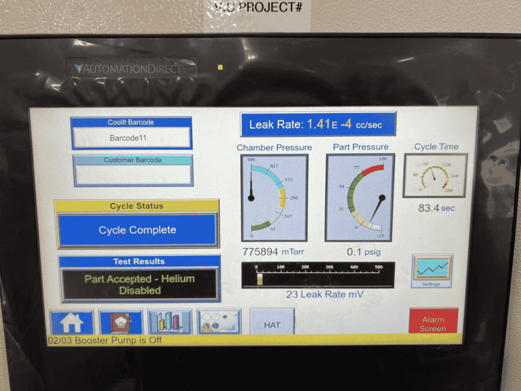 Leak test cycle completed shown on screen