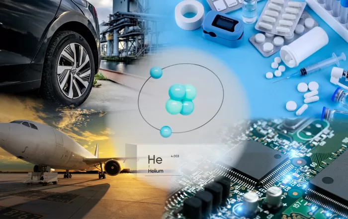Illustration of multiple industries connected by helium leak testing at the center